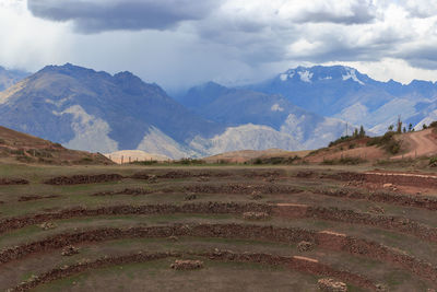 Scenic view of field and mountains against sky