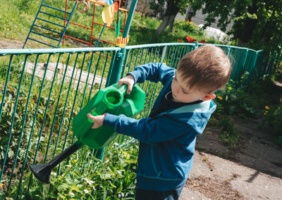 Child waters flowering strawberries from a large watering can. harvest care. 