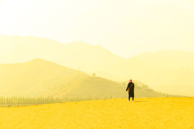 Rear view of man on field against sky