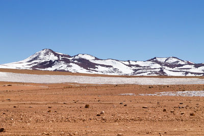 Scenic view of snowcapped mountains against clear blue sky