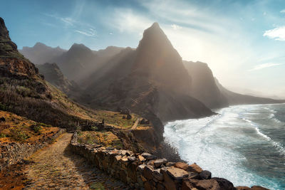 Panoramic view of sea and mountains against sky