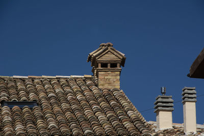 Low angle view of building against clear blue sky