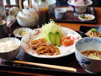 Close-up of meal served on table