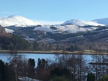 Scenic view of snowcapped mountains against clear sky