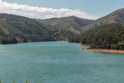 Scenic view of lake and mountains against sky