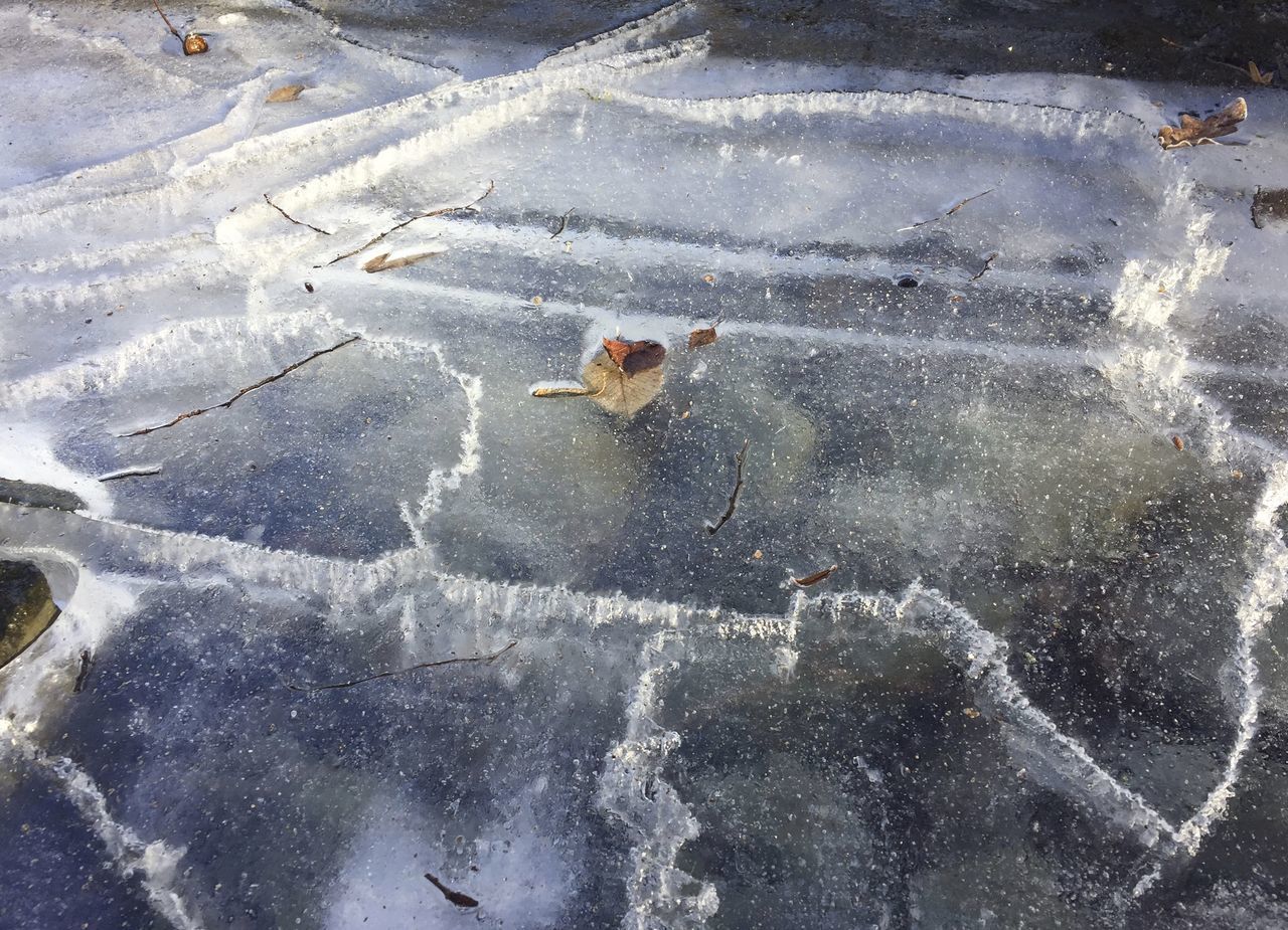 HIGH ANGLE VIEW OF FROZEN WATER ON LAND