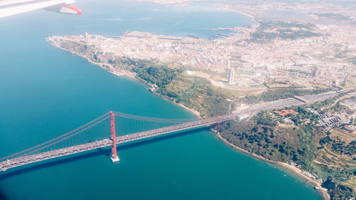 High angle view of suspension bridge over river