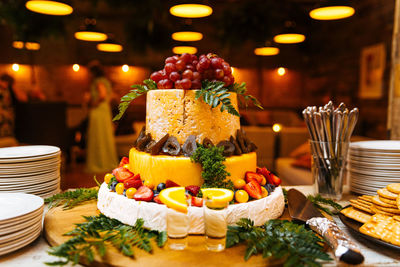 Close-up of cake served on table