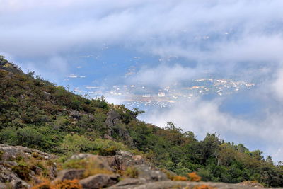 Scenic view of trees and mountains against sky