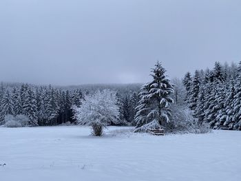 Scenic view of snow covered field against sky during winter