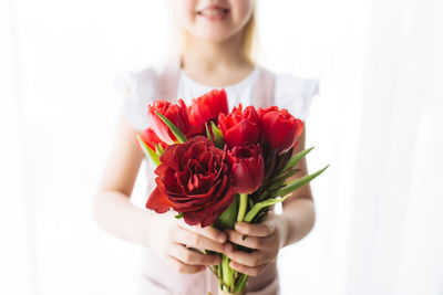Midsection of woman holding red rose against white background