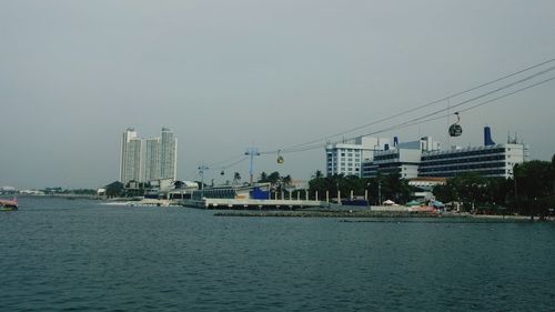 Scenic view of river by buildings against clear sky