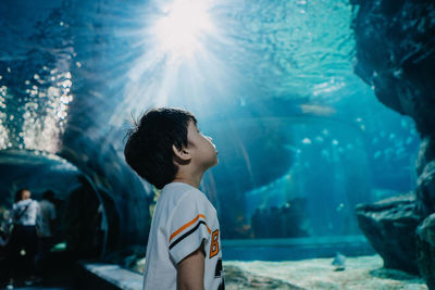 Rear view of boy looking at fish in aquarium