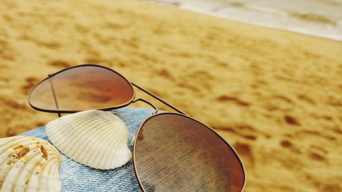 Midsection of person with sunglasses by seashells at beach