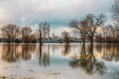 Flood on the rhine, germany. chempark dormagen in the background.