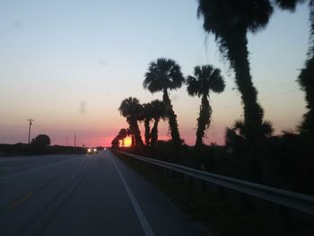 Silhouette trees by road against sky during sunset