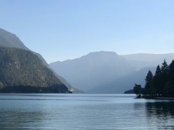 Scenic view of lake and mountains against clear sky