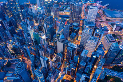 High angle view of city buildings at dusk