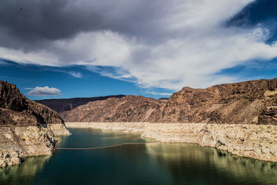 Scenic view of lake against cloudy sky