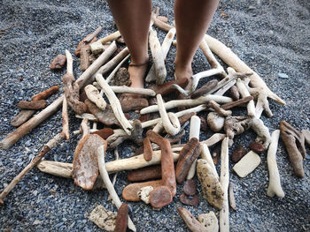 Woman standing in ritual with wood from the sea