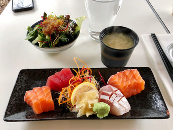 High angle view of sushi served on table