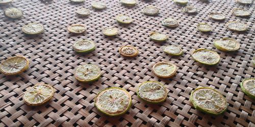 High angle view of candies on table