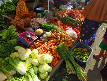 High angle view of vegetables for sale at market stall