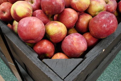 High angle view of apples in crate