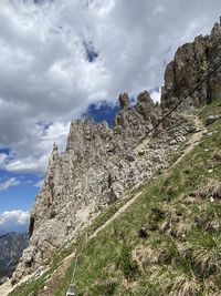 Low angle view of rocky mountains against sky