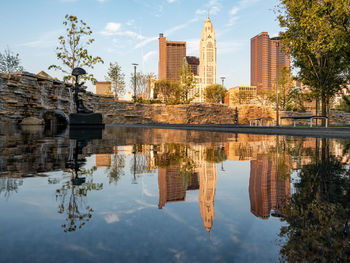 Reflection of buildings in lake