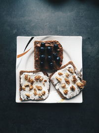 High angle view of dessert on table