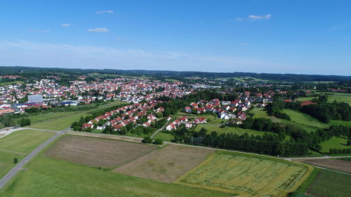 High angle view of town against sky