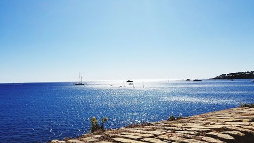 Scenic view of sea against clear blue sky