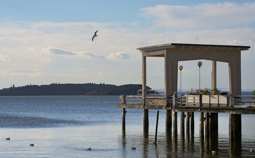 Seagull flying over lake against sky