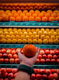 High angle view of hand holding fruits in market