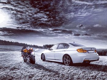 Digital composite image of car on field during winter