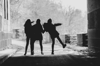 Rear view of silhouette people walking in city