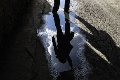 Reflection of silhouette woman in water