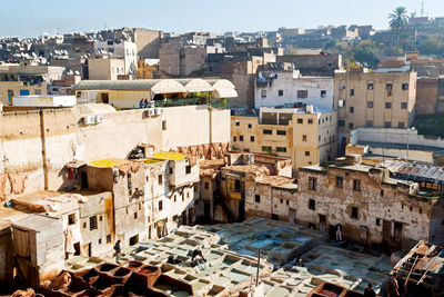 High angle view of old buildings in town