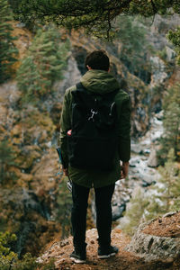 Rear view of young man standing on cliff in forest