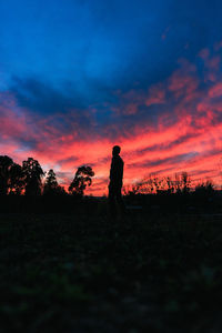 Silhouette person standing on field against sky during sunset