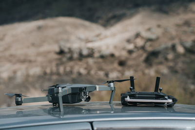 Close-up of drone of car roof
