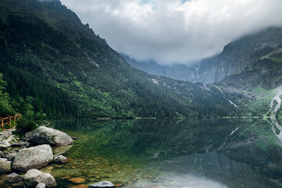 Scenic view of lake by mountain against sky