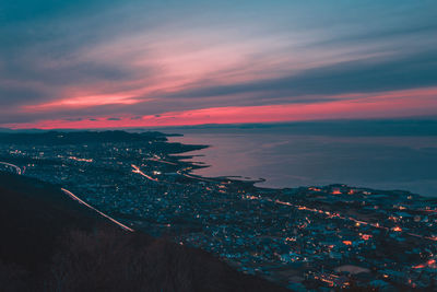 Aerial view of city at sunset