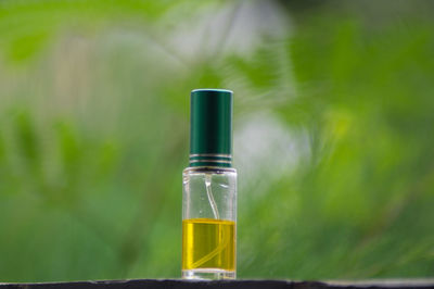 Close-up of small perfume bottle against plants