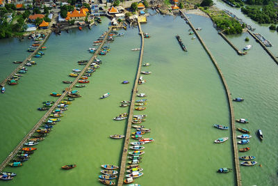 High angle view of boats in river