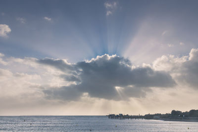 Panoramic view of sea and fishing huts against sky