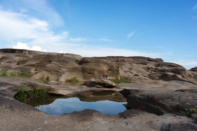 Rock formations on landscape against sky