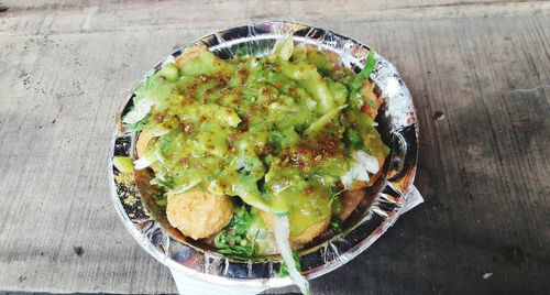 High angle view of food in plate on table