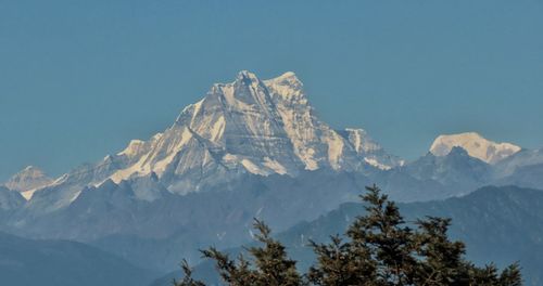 Scenic view of snowcapped mountains against clear sky